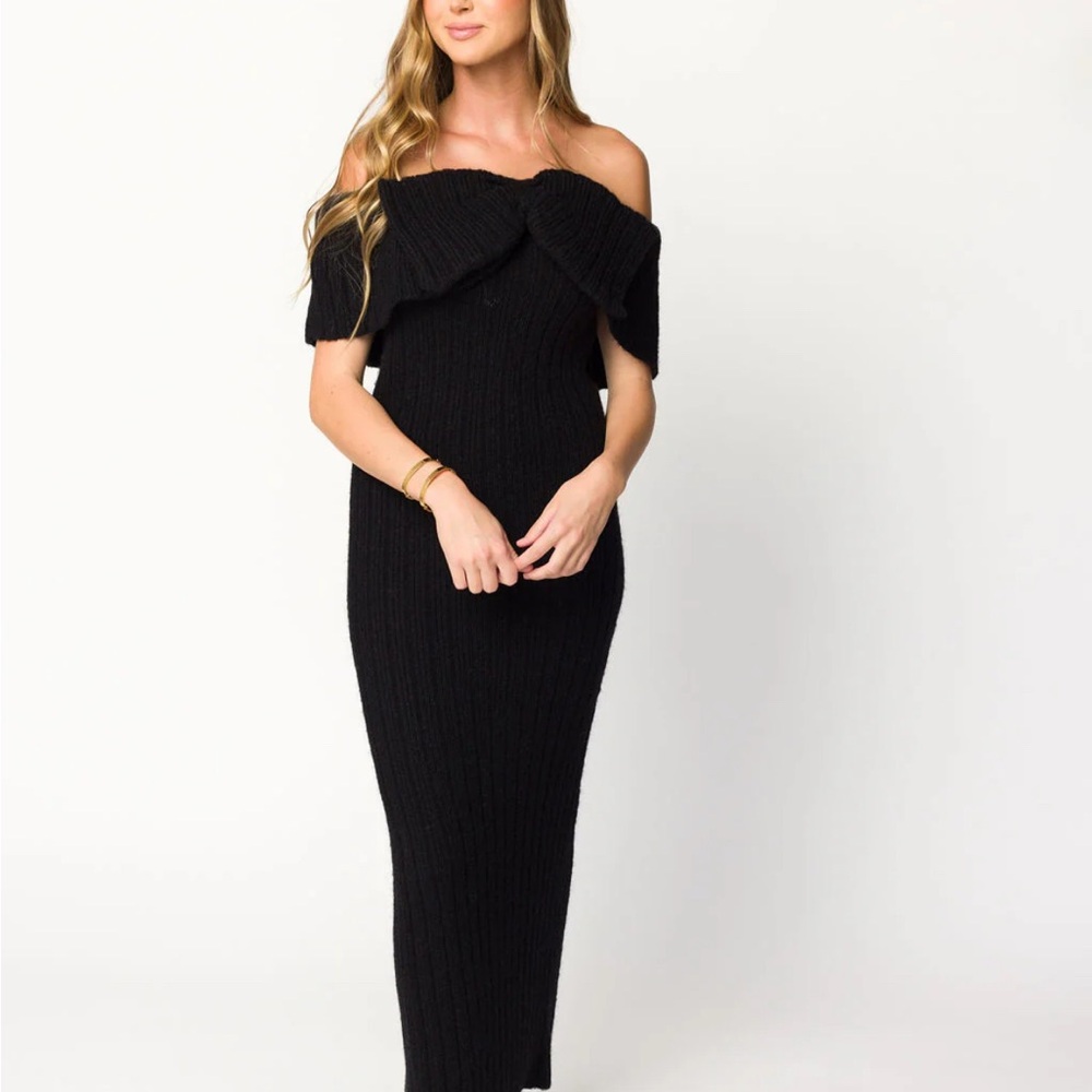 Worth Collective Aston Bow Maxi Sweater Dress Off-Shoulder Knit Dress- black, S